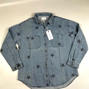 Risen Los Angeles Women’s Small Denim Star Long Sleeve Button Up Shirt Cotton